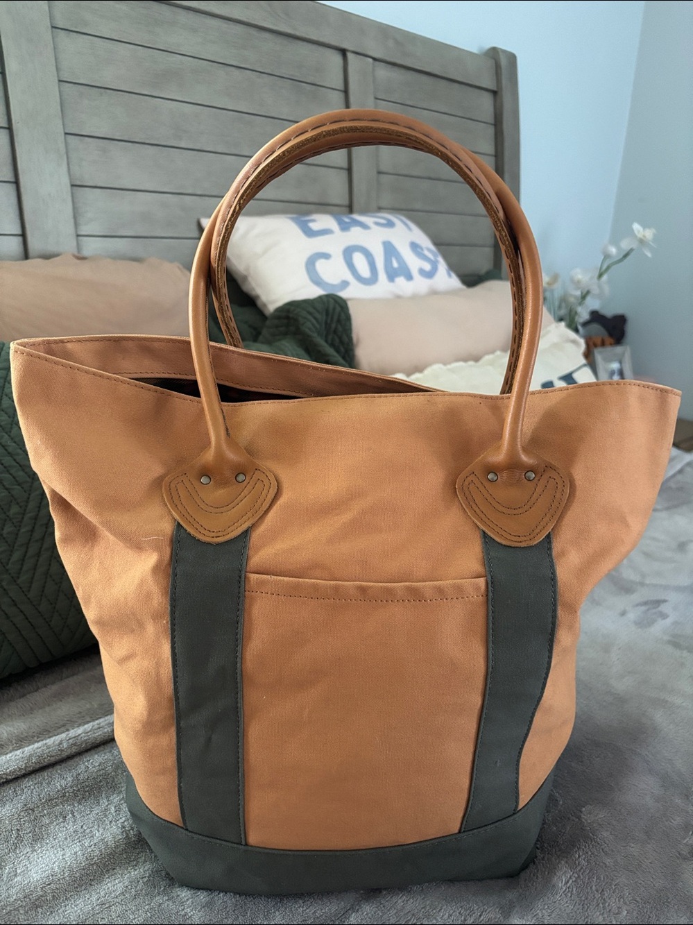 LL BEAN Boat & Tote Bag Full Grain Leather Handles vintage Khaki/Green - Picture 14 of 15